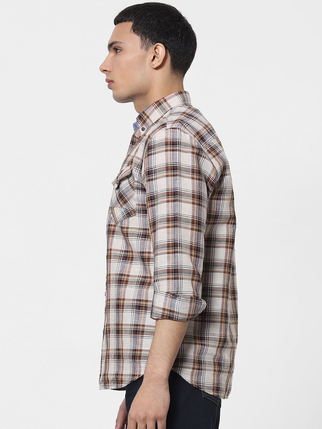 Beige Check Full Sleeves Linen Shirt