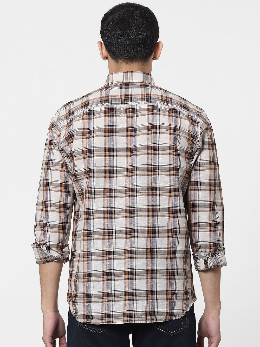 Beige Check Full Sleeves Linen Shirt