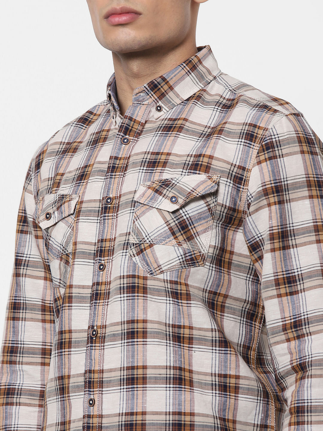 Beige Check Full Sleeves Linen Shirt
