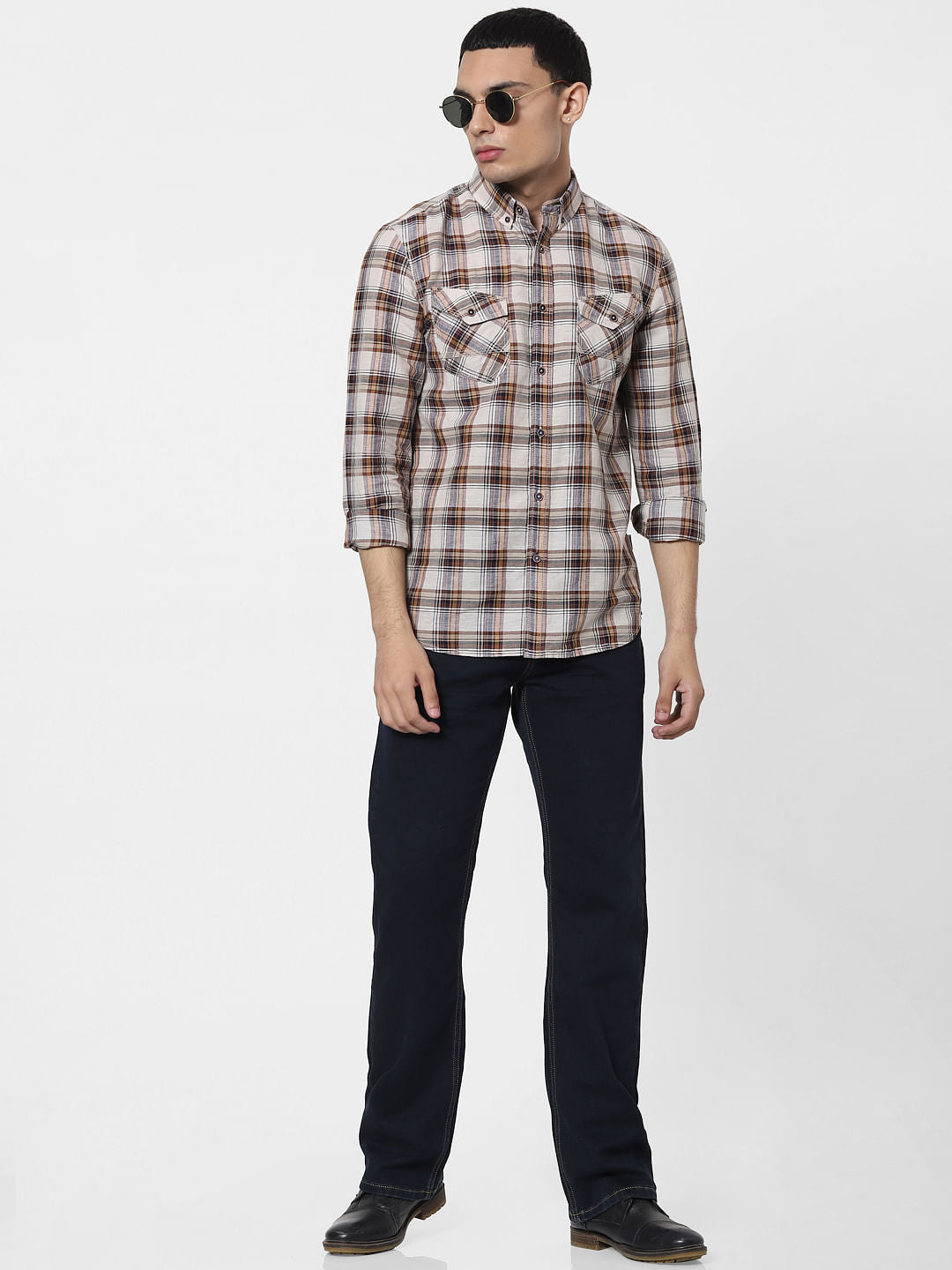 Beige Check Full Sleeves Linen Shirt
