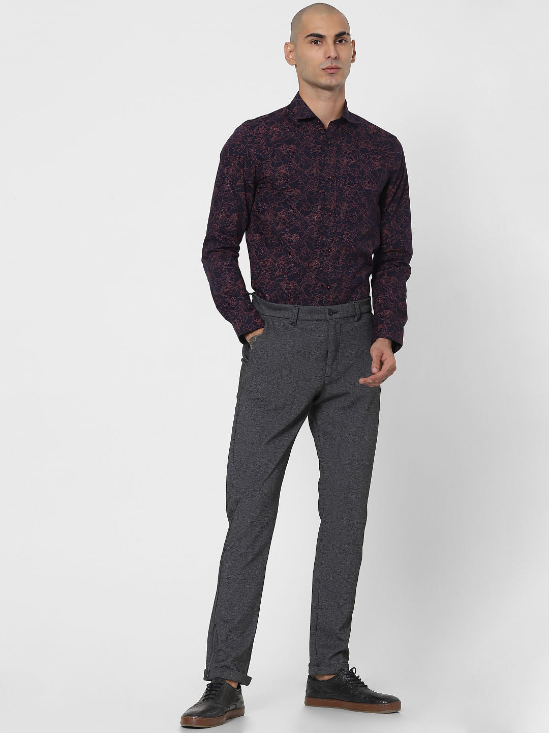 Navy Blue Floral Full Sleeves Shirt - S