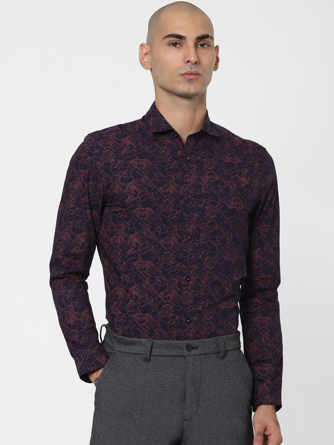 Navy Blue Floral Full Sleeves Shirt