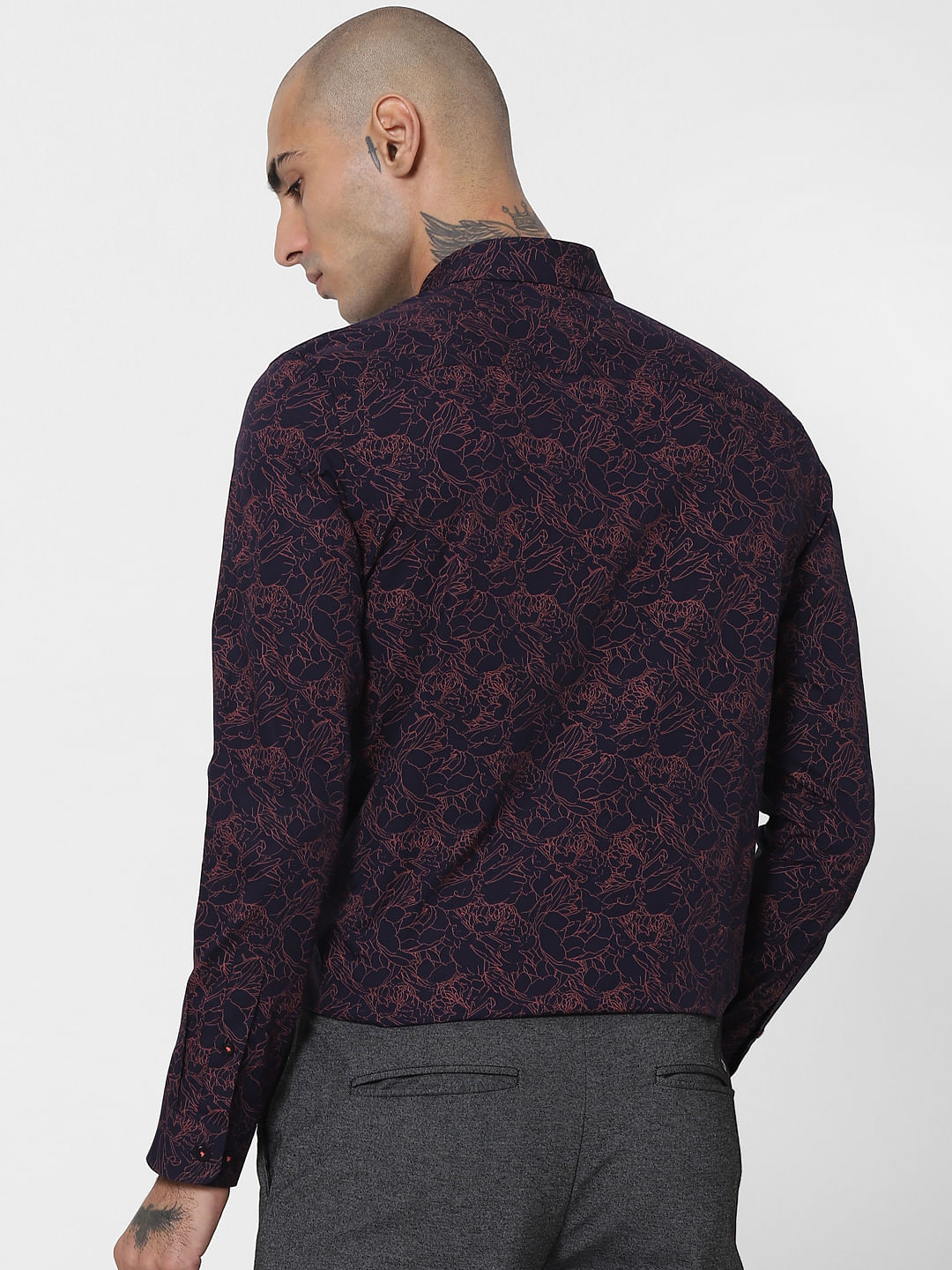 Navy Blue Floral Full Sleeves Shirt