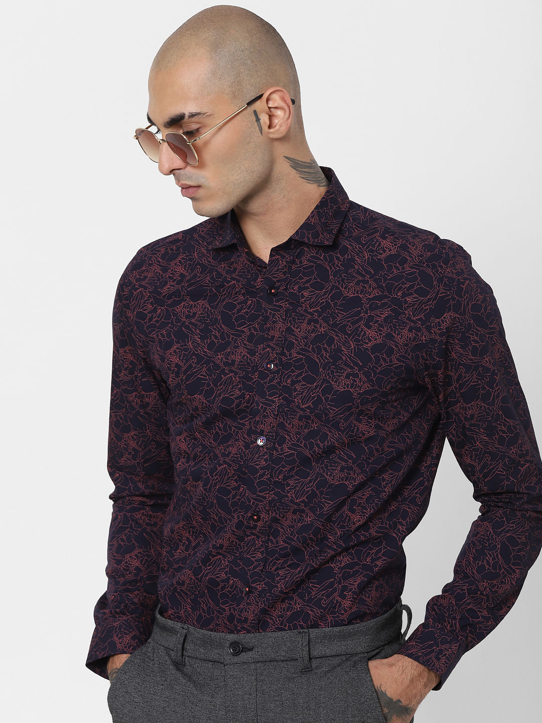 Navy Blue Floral Full Sleeves Shirt