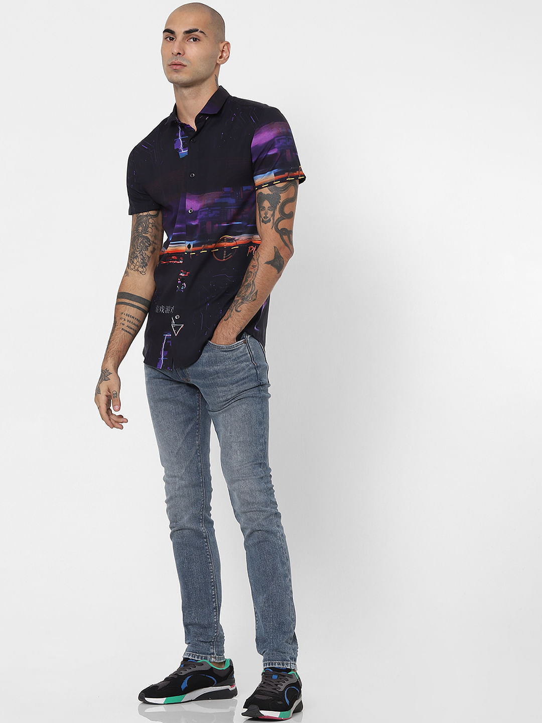 Black Abstract Print Half Sleeves Shirt - S