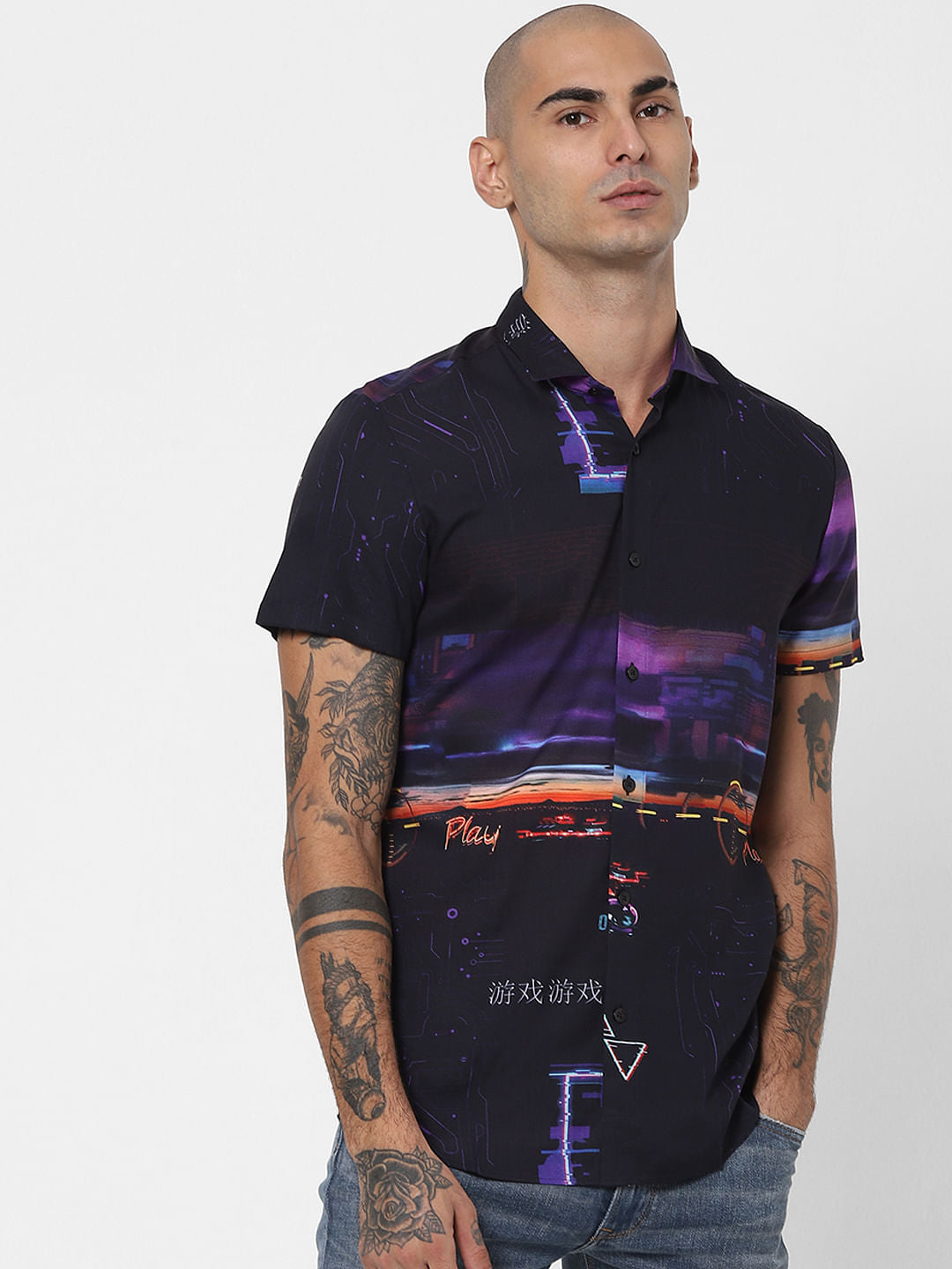 Black Abstract Print Half Sleeves Shirt