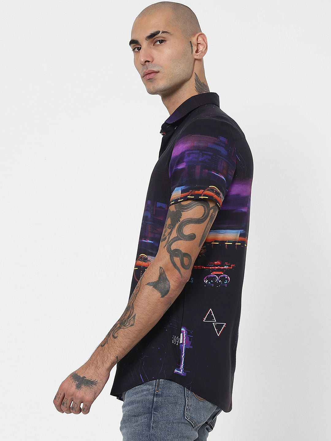 Black Abstract Print Half Sleeves Shirt