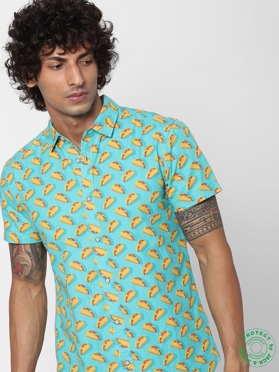 Blue Taco Print Half Sleeves Shirt - S