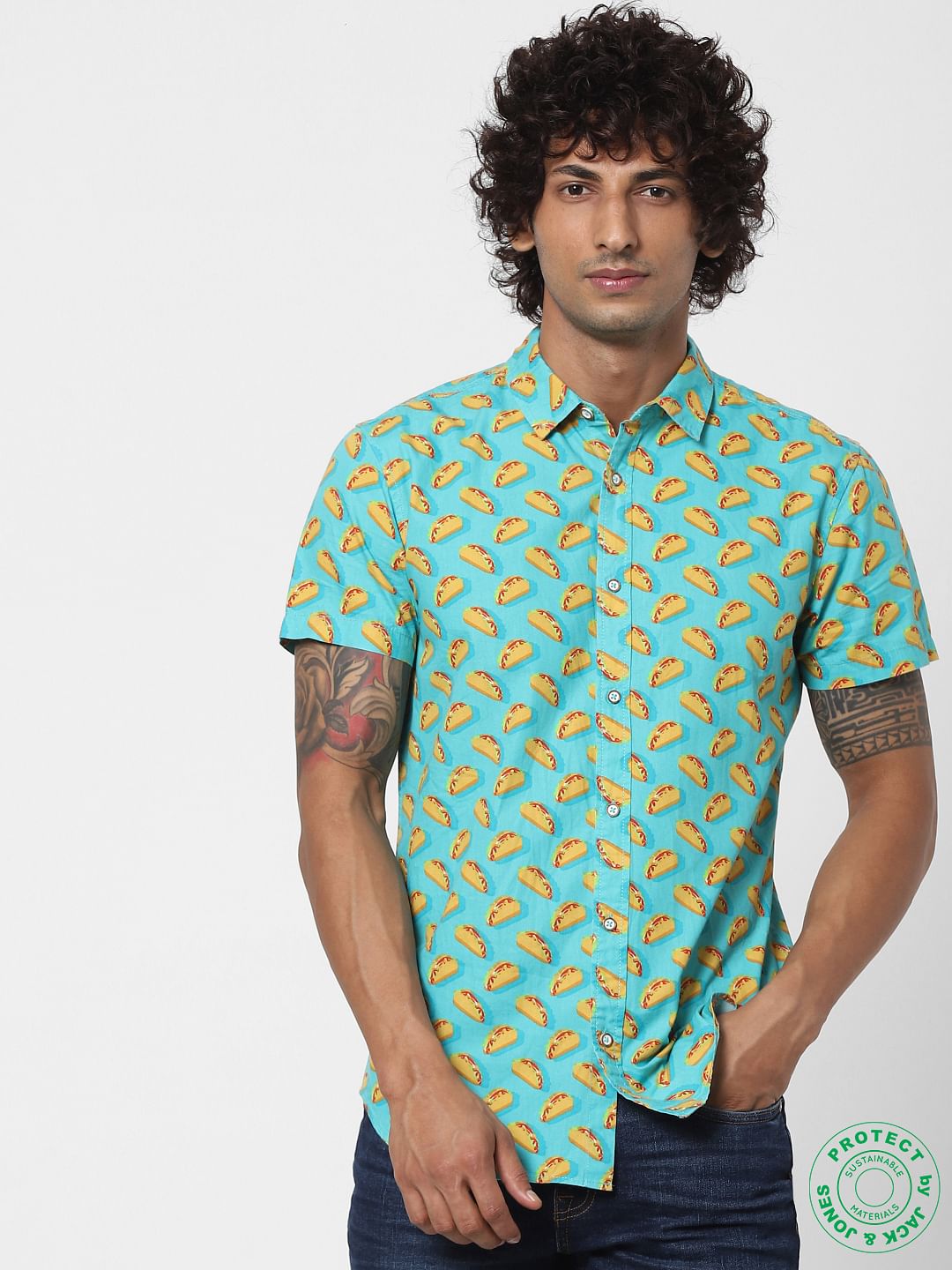 Blue Taco Print Half Sleeves Shirt