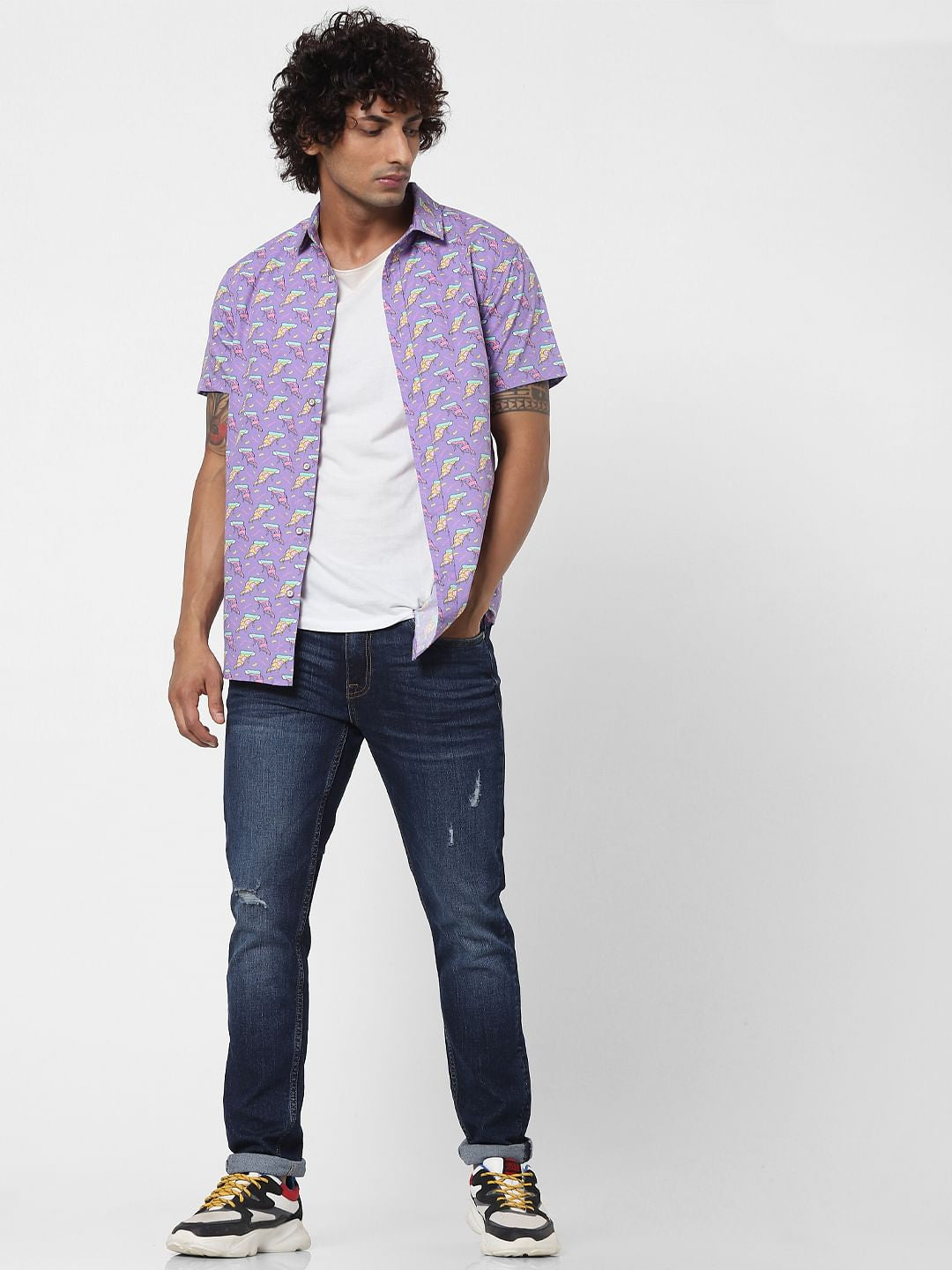 Purple Pizza Slice Print Half Sleeves Shirt - S