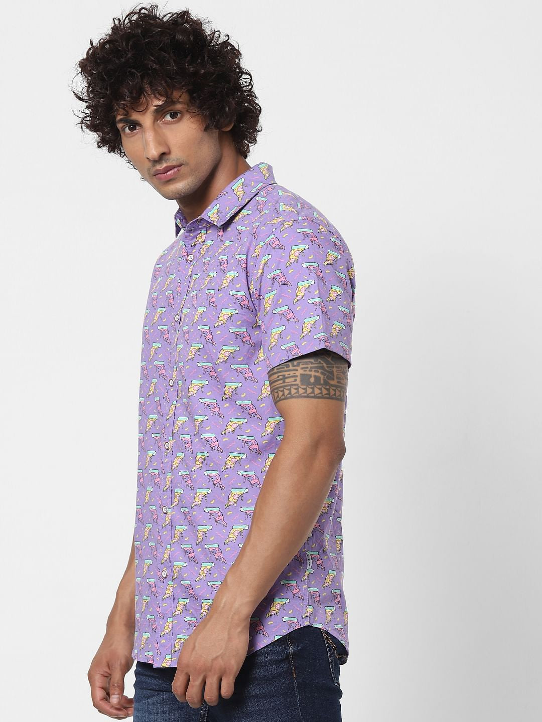 Purple Pizza Slice Print Half Sleeves Shirt