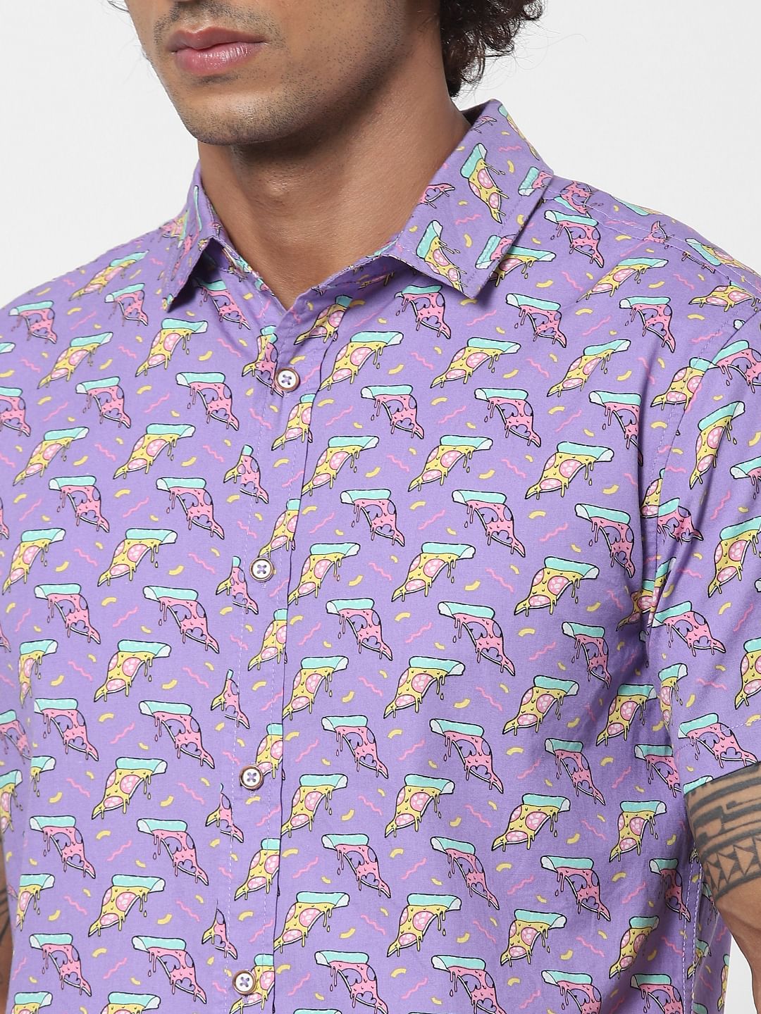 Purple Pizza Slice Print Half Sleeves Shirt