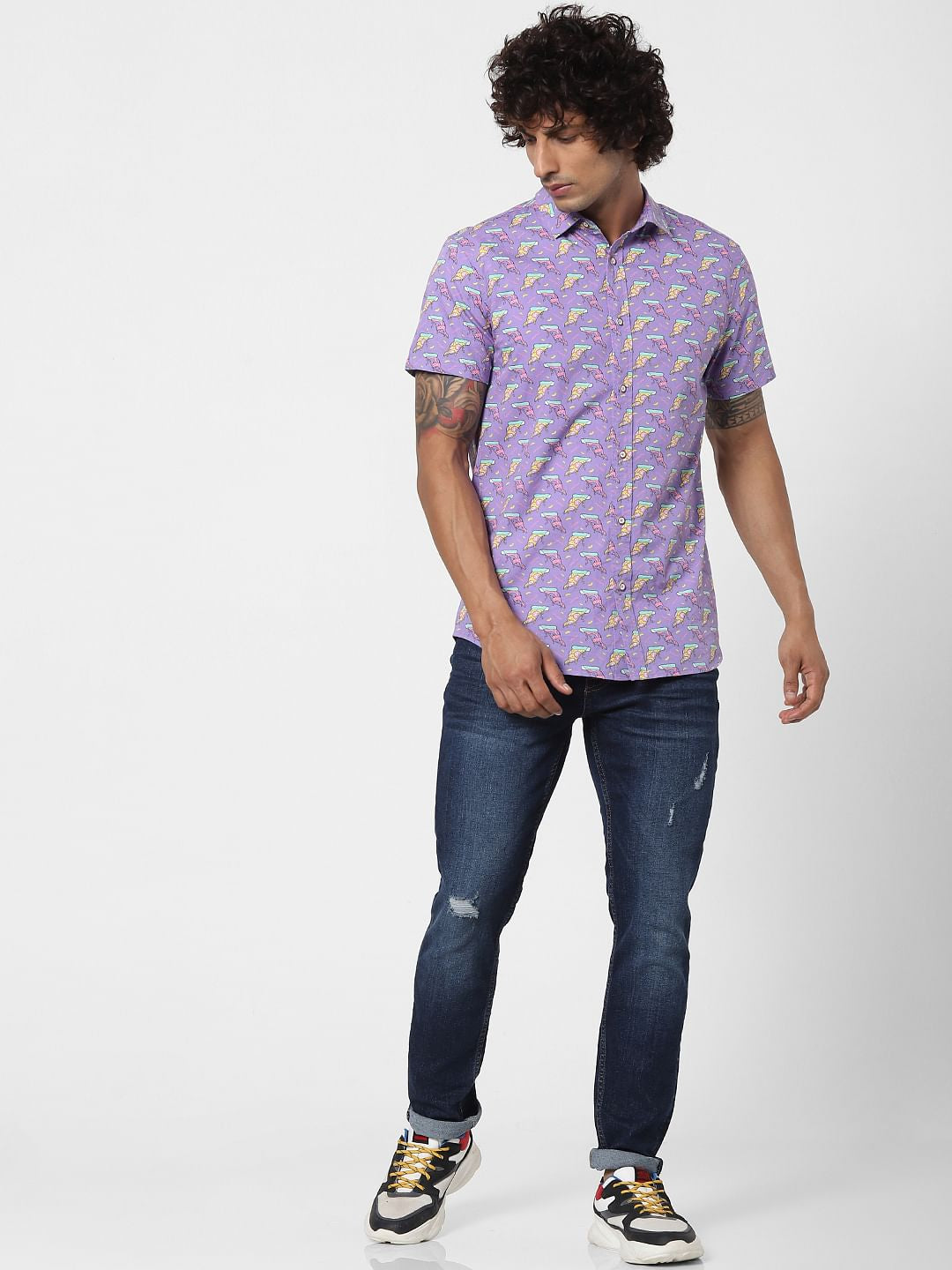 Purple Pizza Slice Print Half Sleeves Shirt