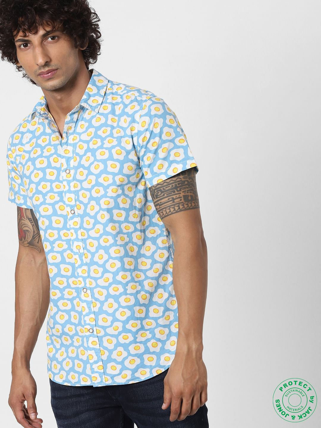 Blue Fried Egg Print Half Sleeves Shirt - S