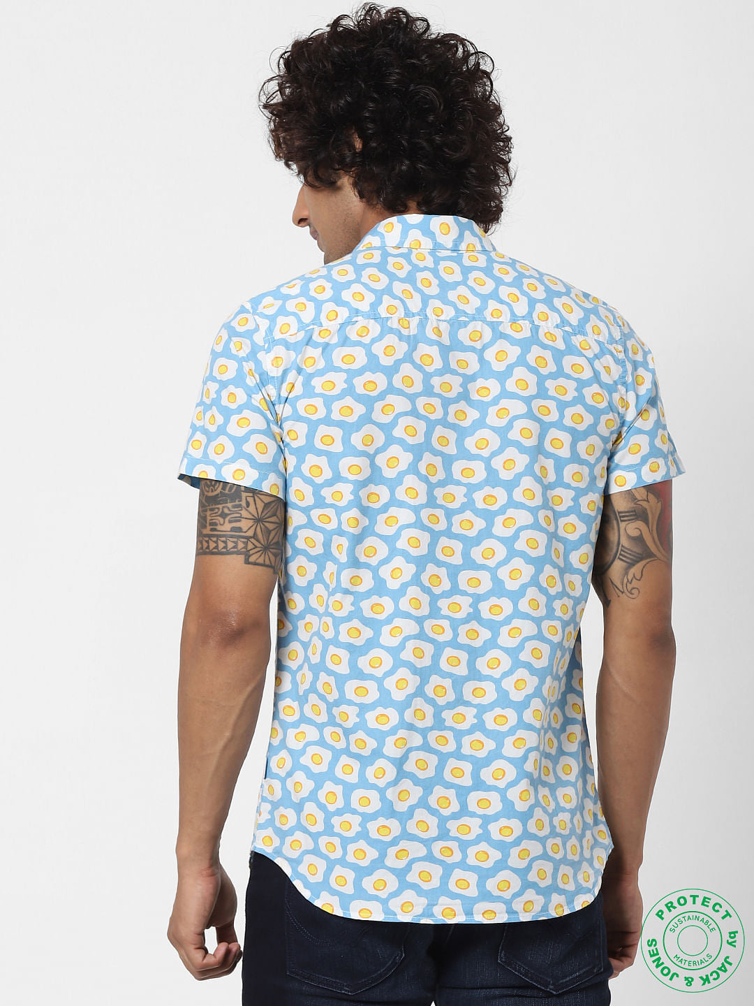 Blue Fried Egg Print Half Sleeves Shirt