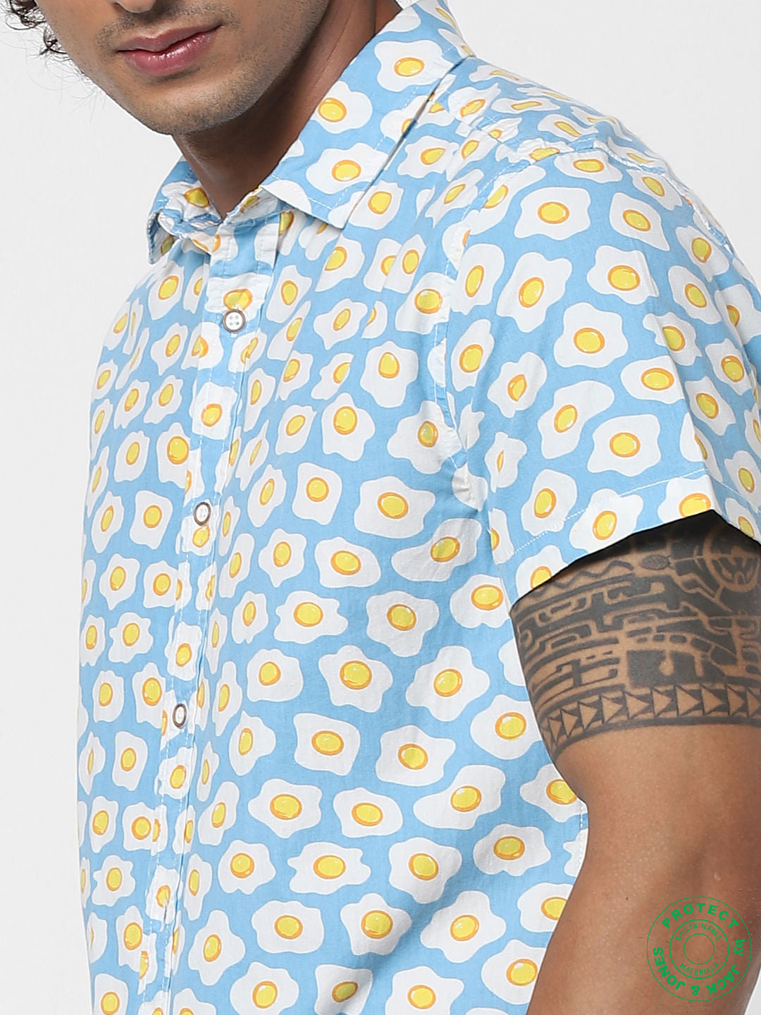 Blue Fried Egg Print Half Sleeves Shirt