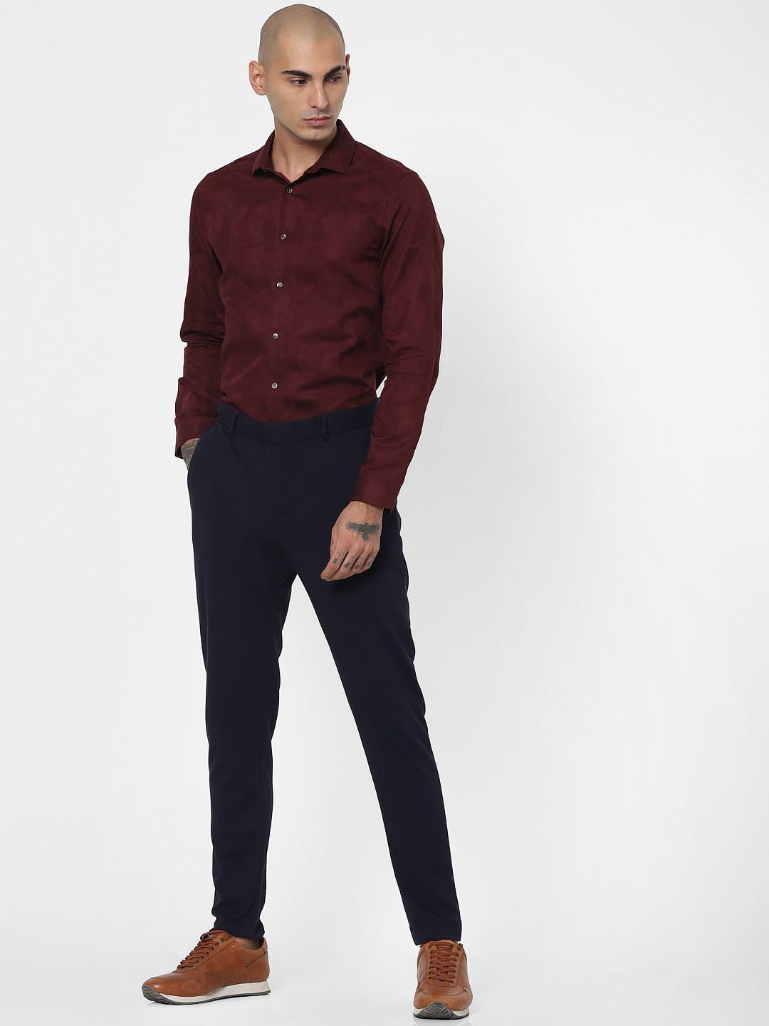 Maroon Jacquard Full Sleeves Shirt - S