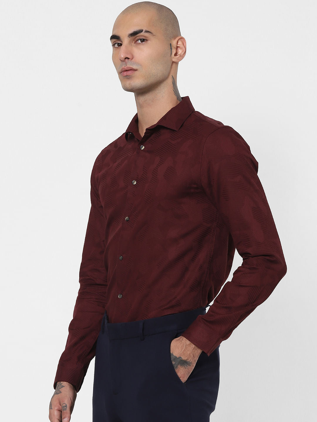 Maroon Jacquard Full Sleeves Shirt