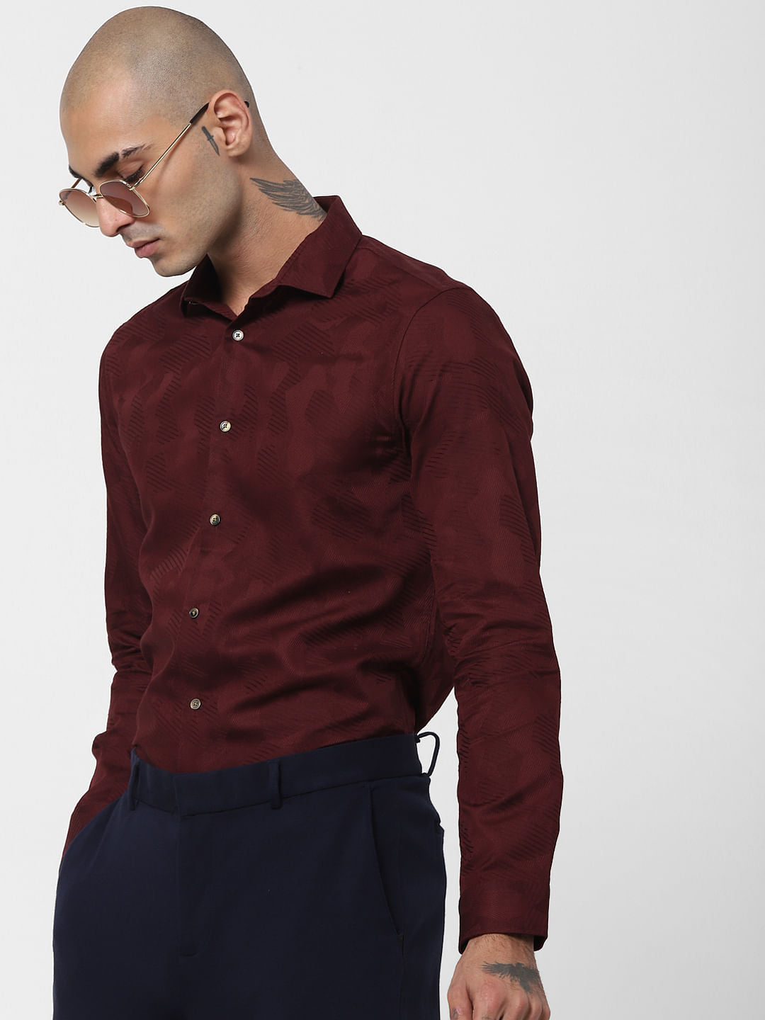Maroon Jacquard Full Sleeves Shirt