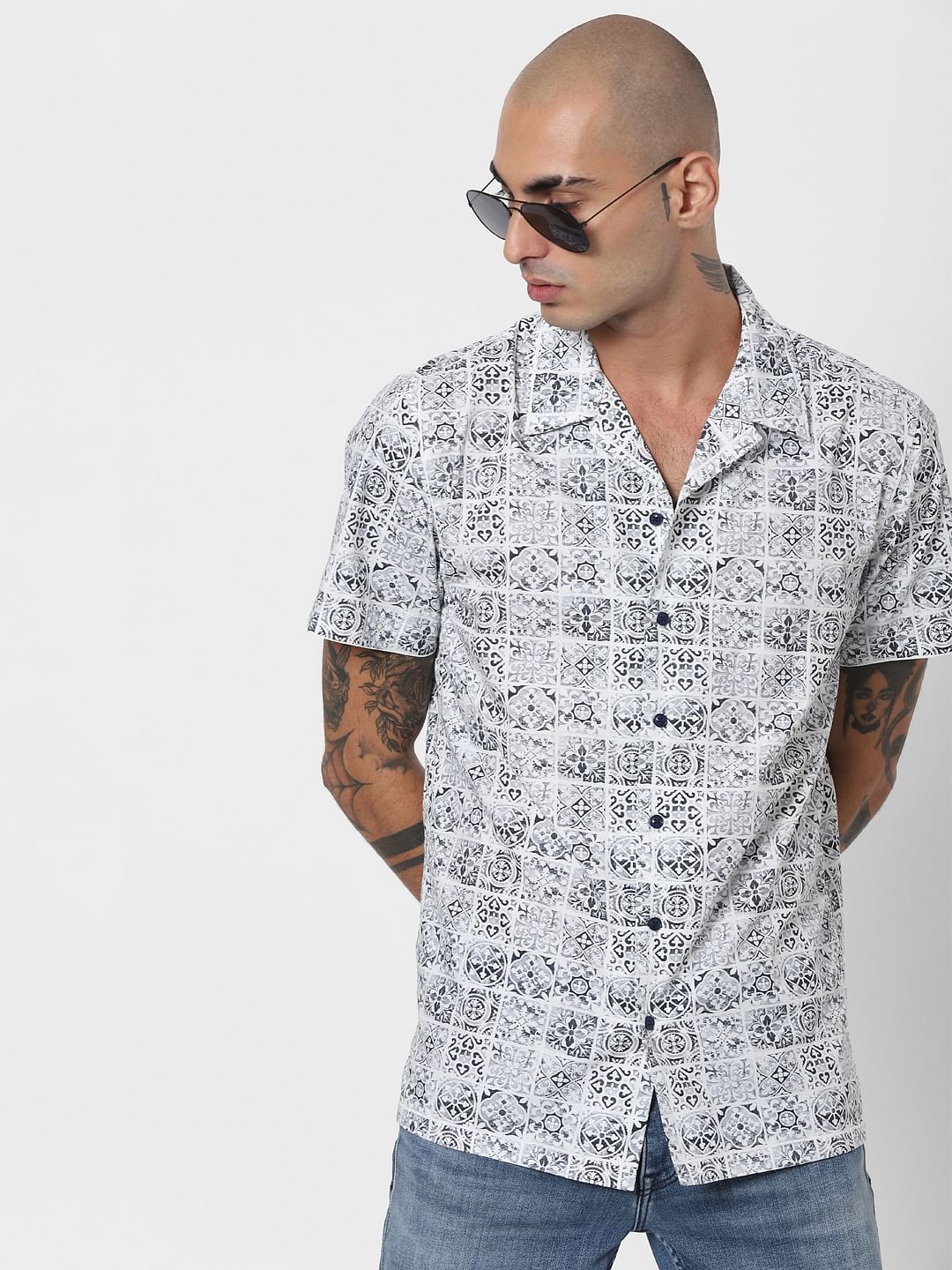 White All Over Print Half Sleeves Shirt - S