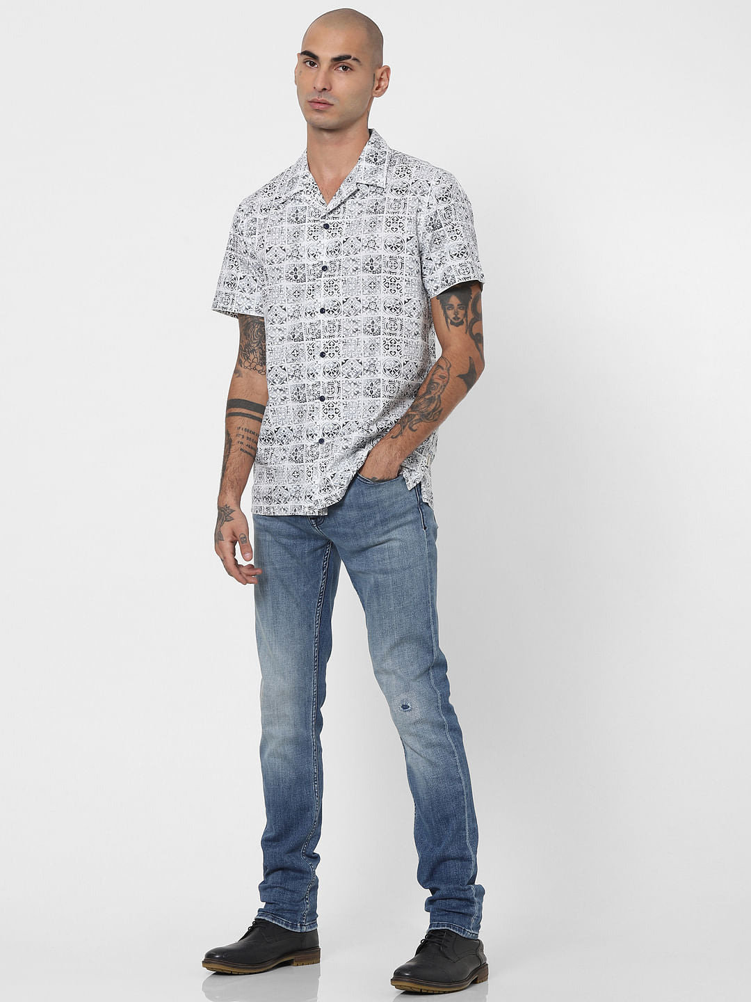 White All Over Print Half Sleeves Shirt