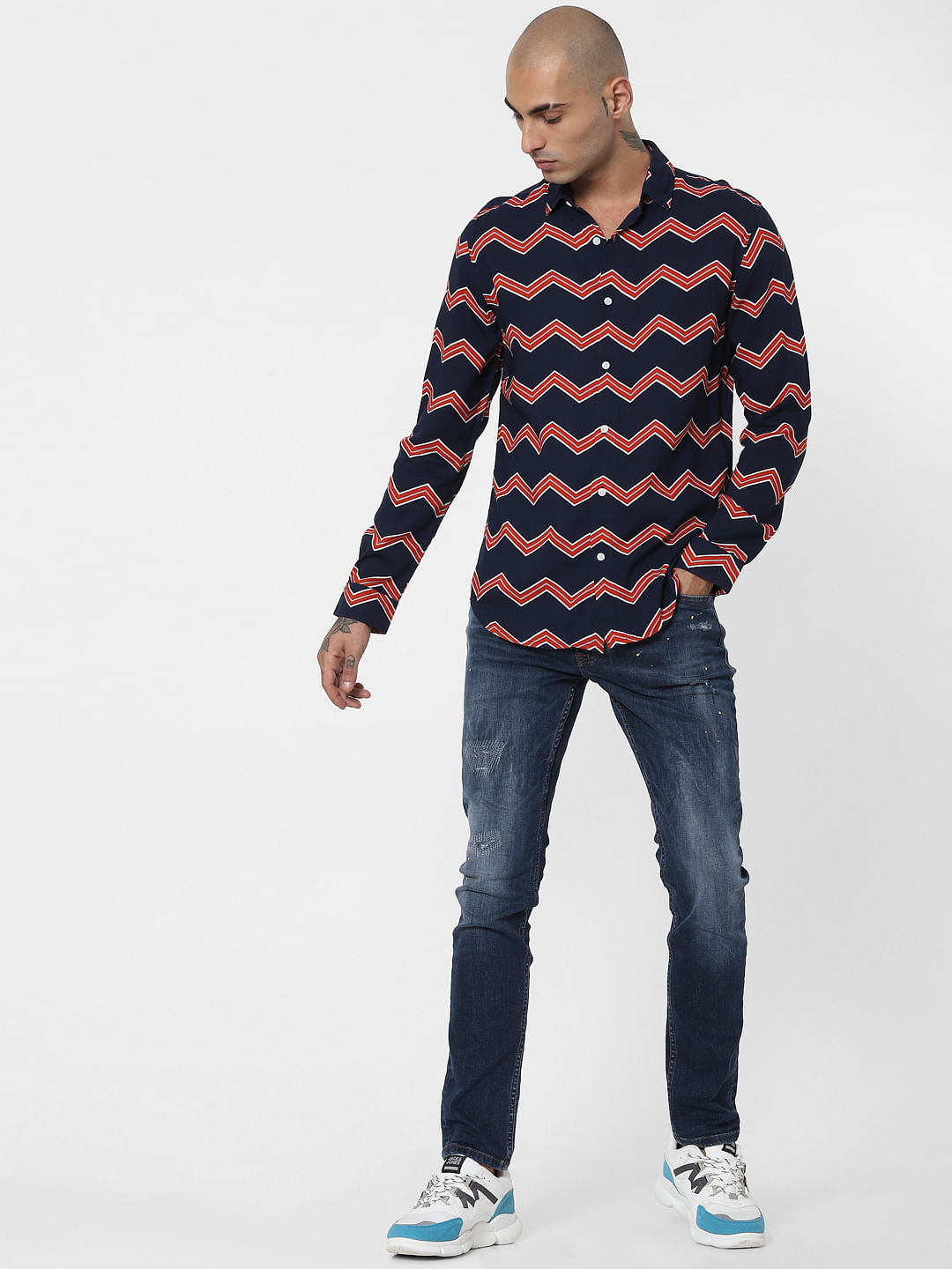 Blue Chevron Print Full Sleeves Shirt - S