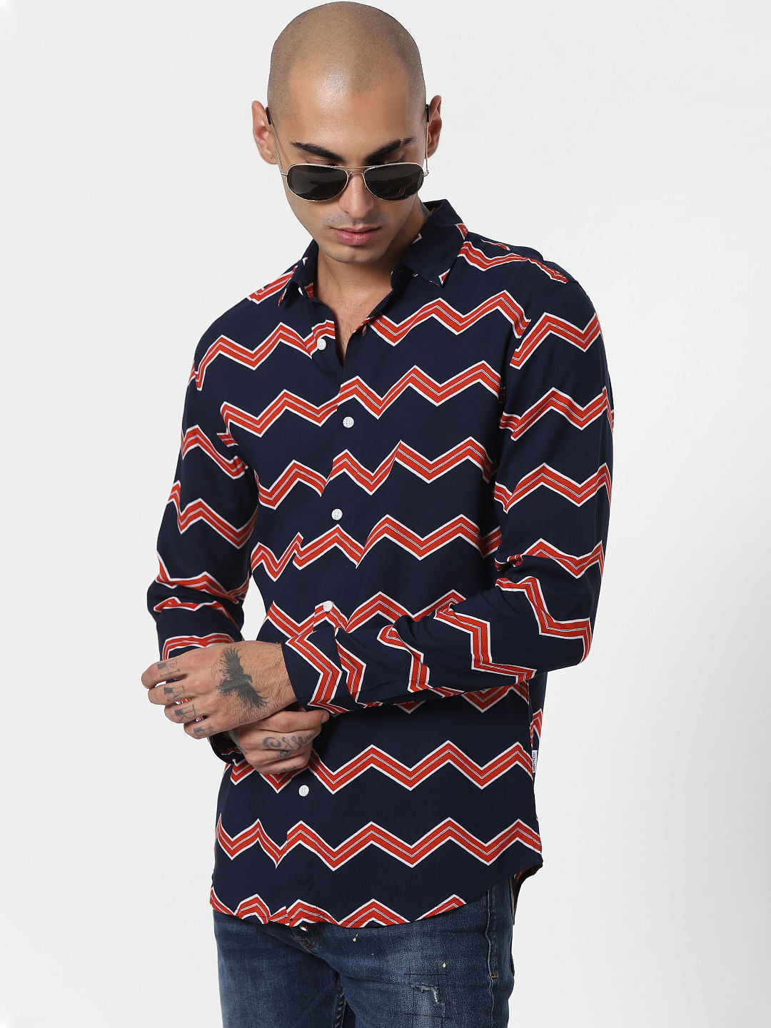 Blue Chevron Print Full Sleeves Shirt
