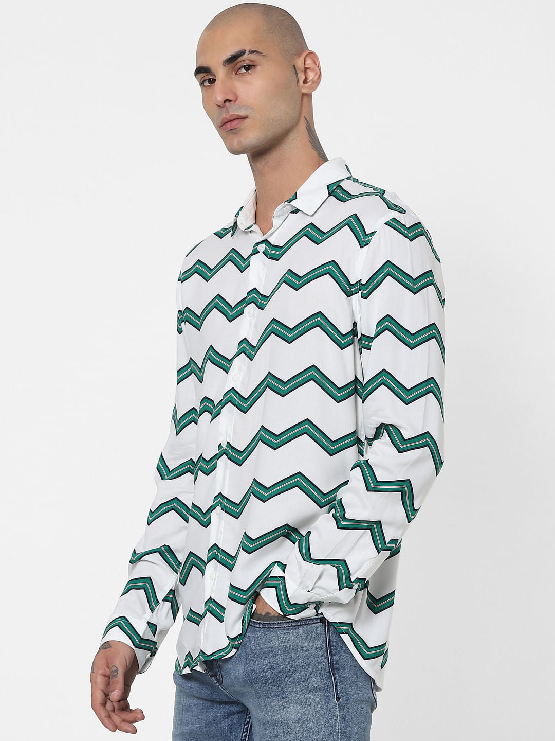White Chevron Print Full Sleeves Shirt