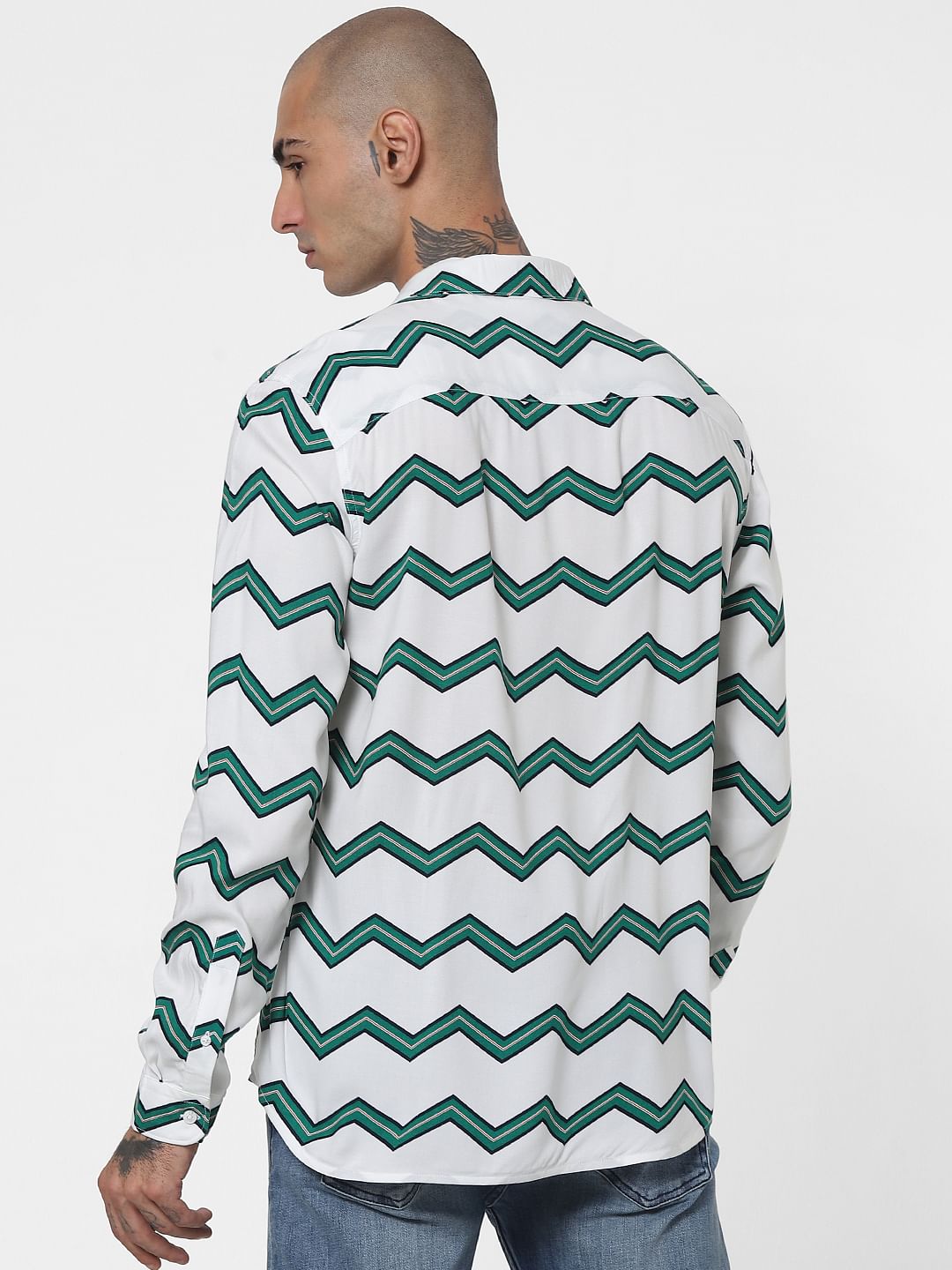 White Chevron Print Full Sleeves Shirt