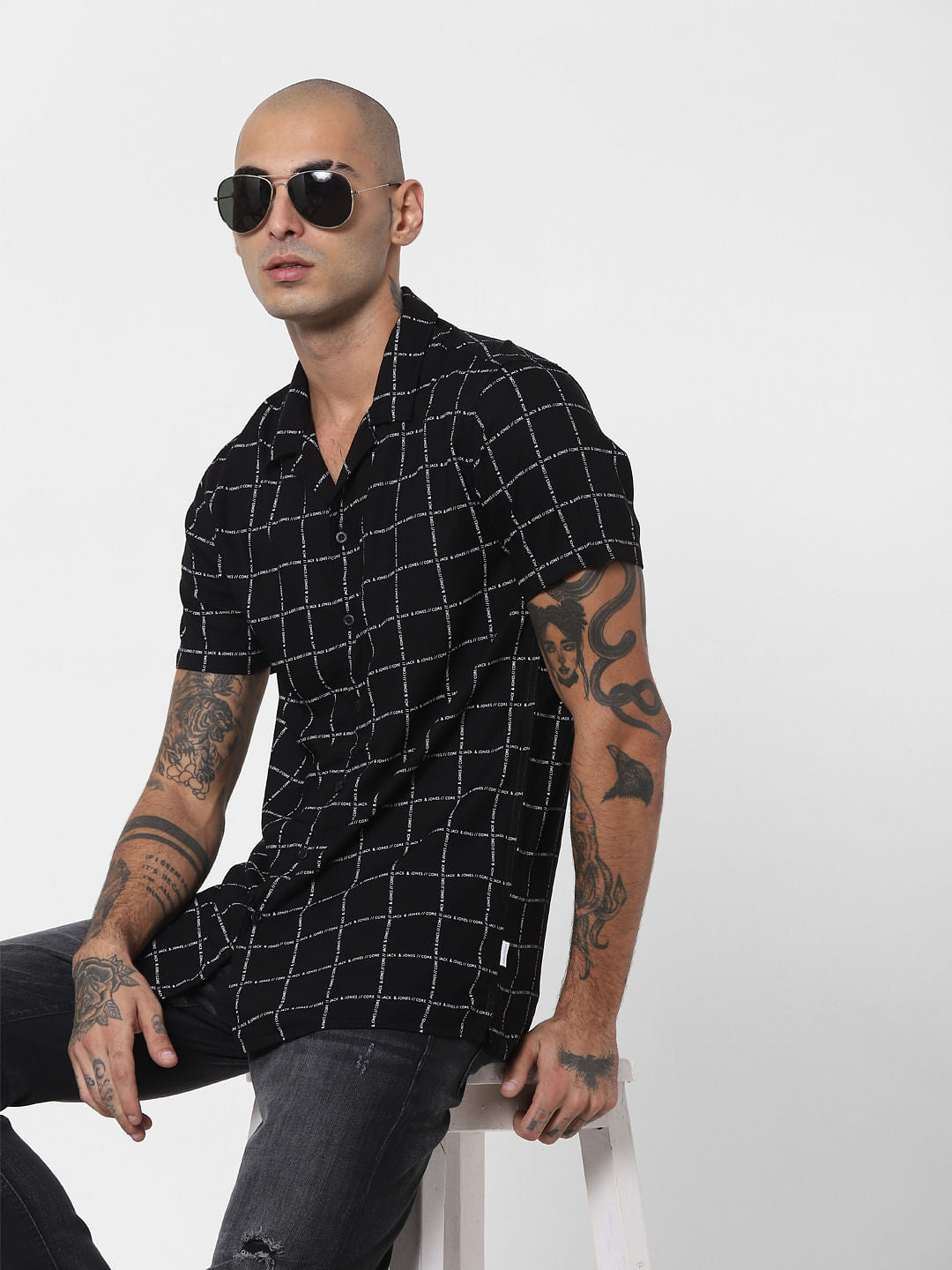 Black Logo Grid Print Half Sleeves Shirt - S