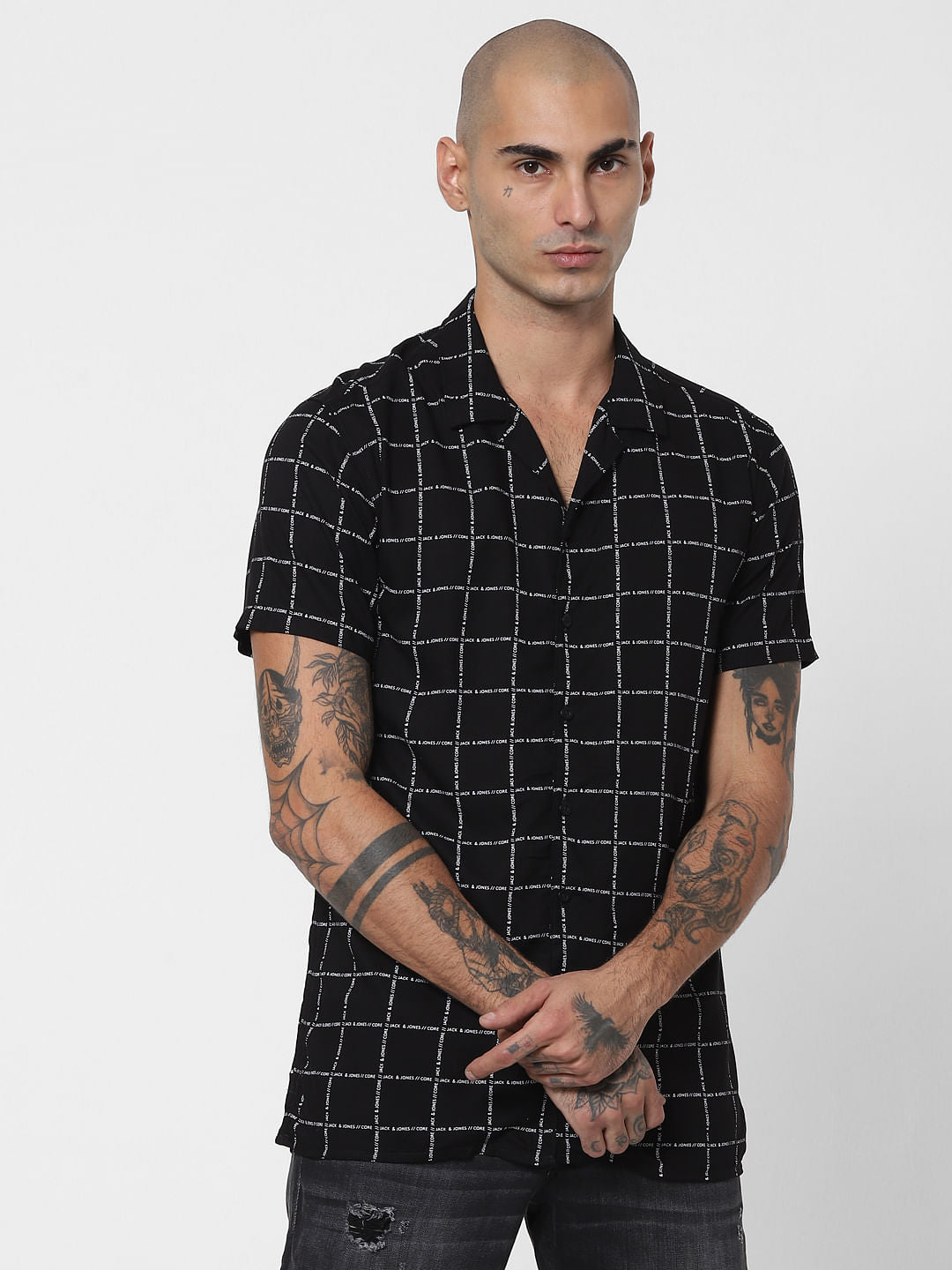 Black Logo Grid Print Half Sleeves Shirt