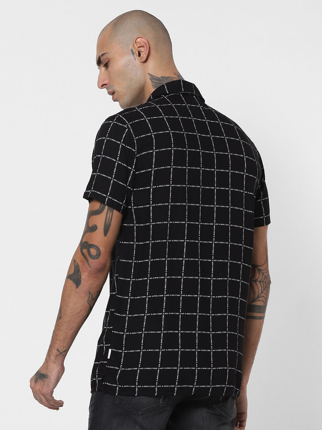 Black Logo Grid Print Half Sleeves Shirt
