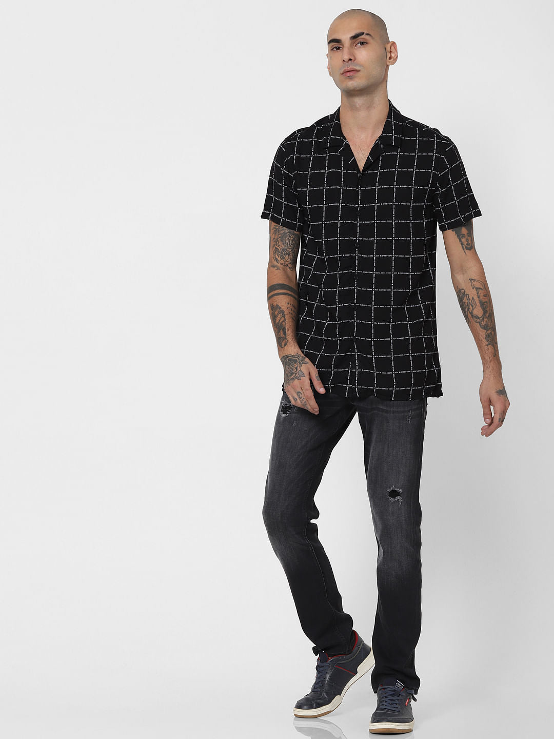 Black Logo Grid Print Half Sleeves Shirt