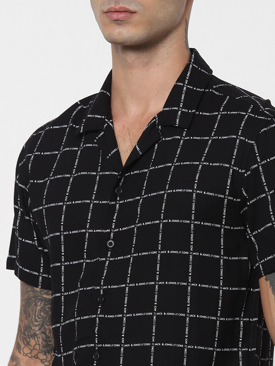 Black Logo Grid Print Half Sleeves Shirt