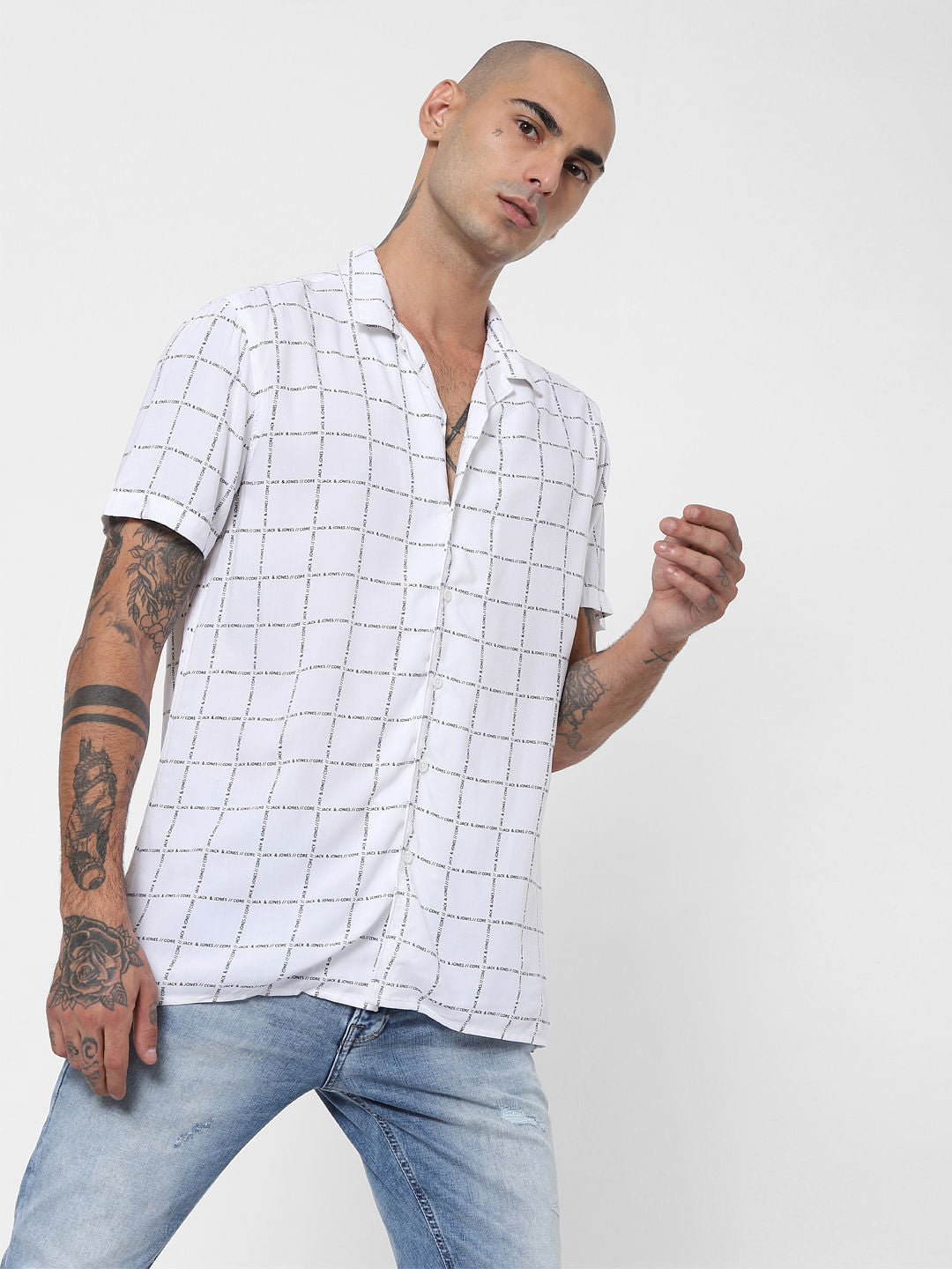 White Logo Grid Print Half Sleeves Shirt - S