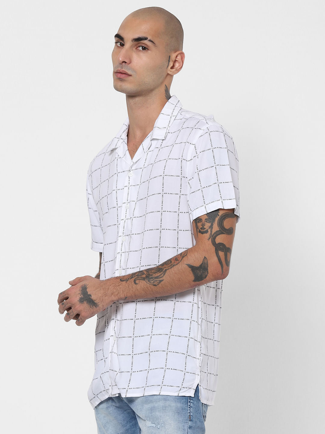 White Logo Grid Print Half Sleeves Shirt
