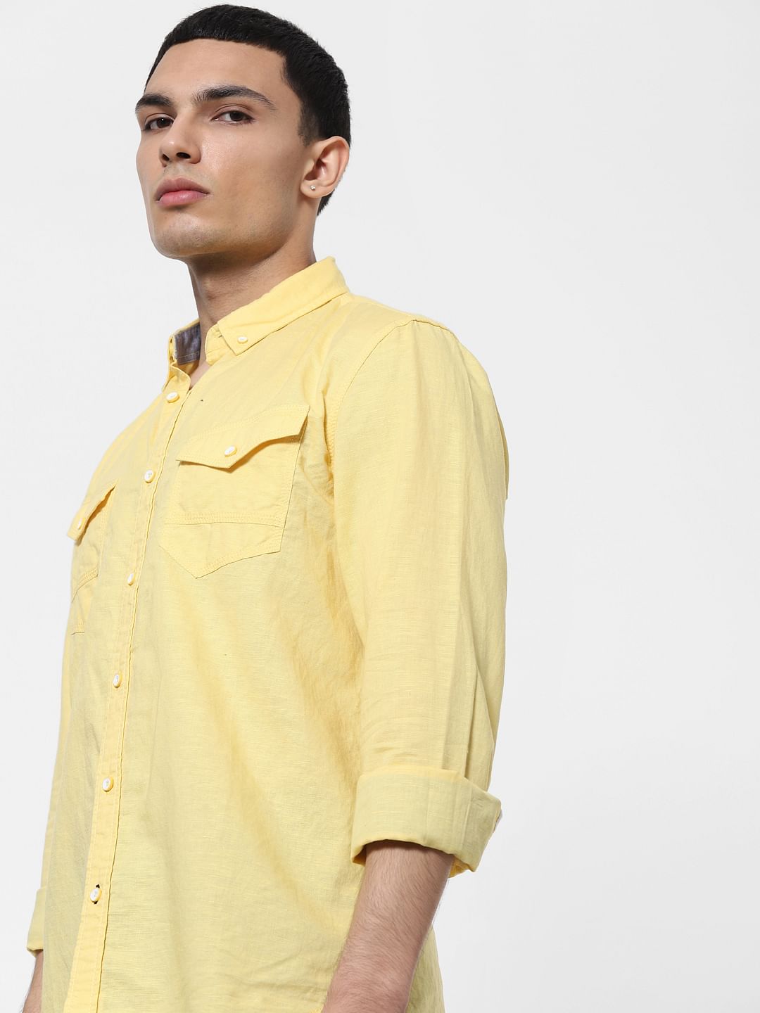 Yellow Full Sleeves Washed Linen Shirt - S