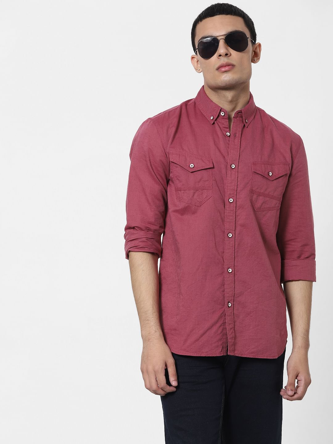 Red Full Sleeves Washed Linen Shirt - S