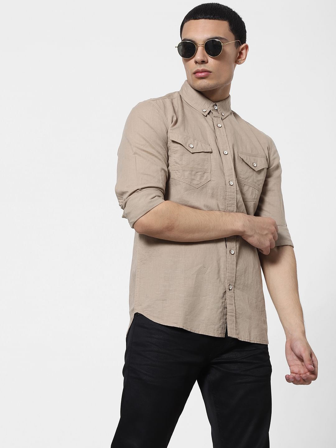 Beige Full Sleeves Washed Linen Shirt
