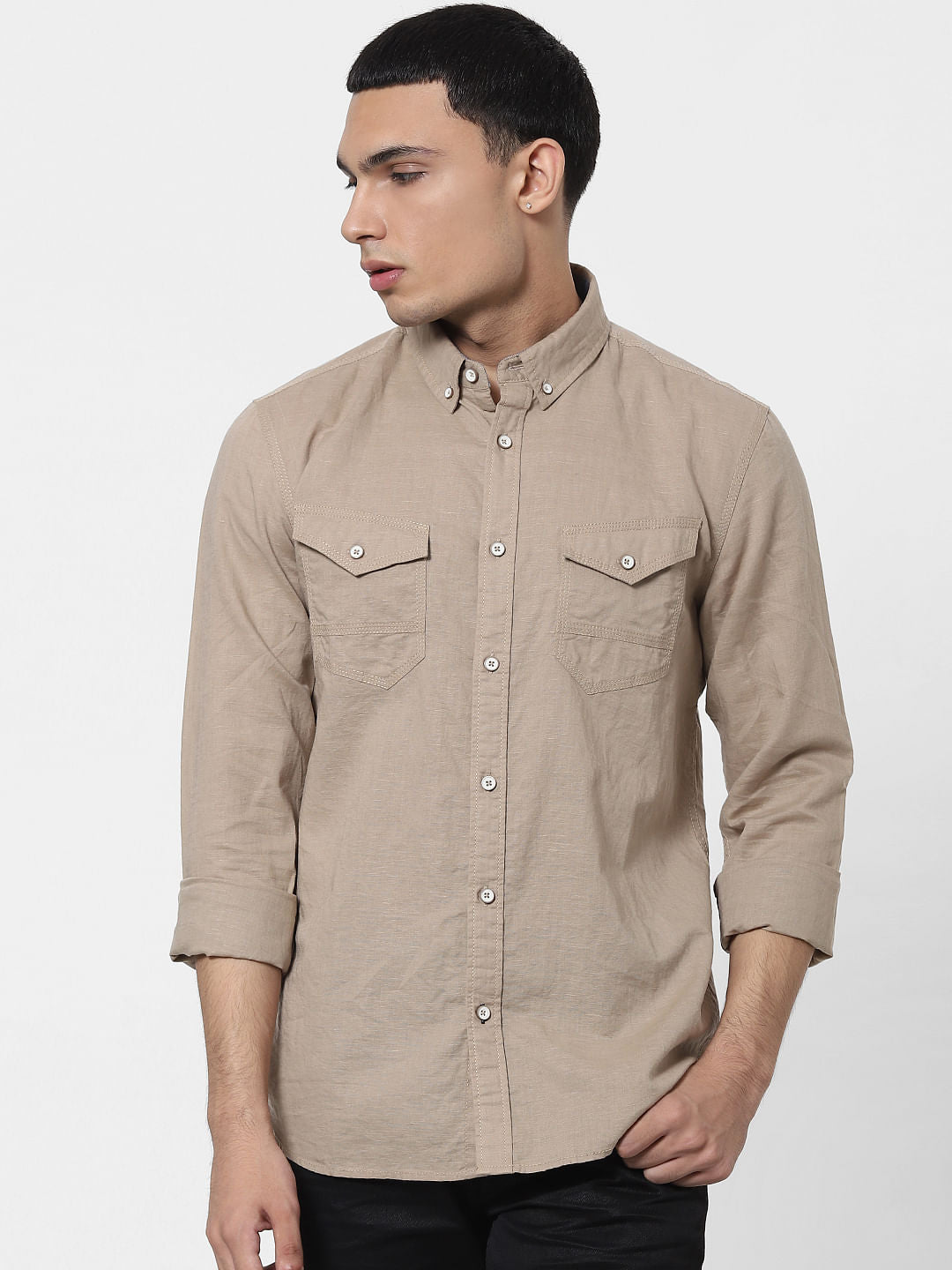 Beige Full Sleeves Washed Linen Shirt