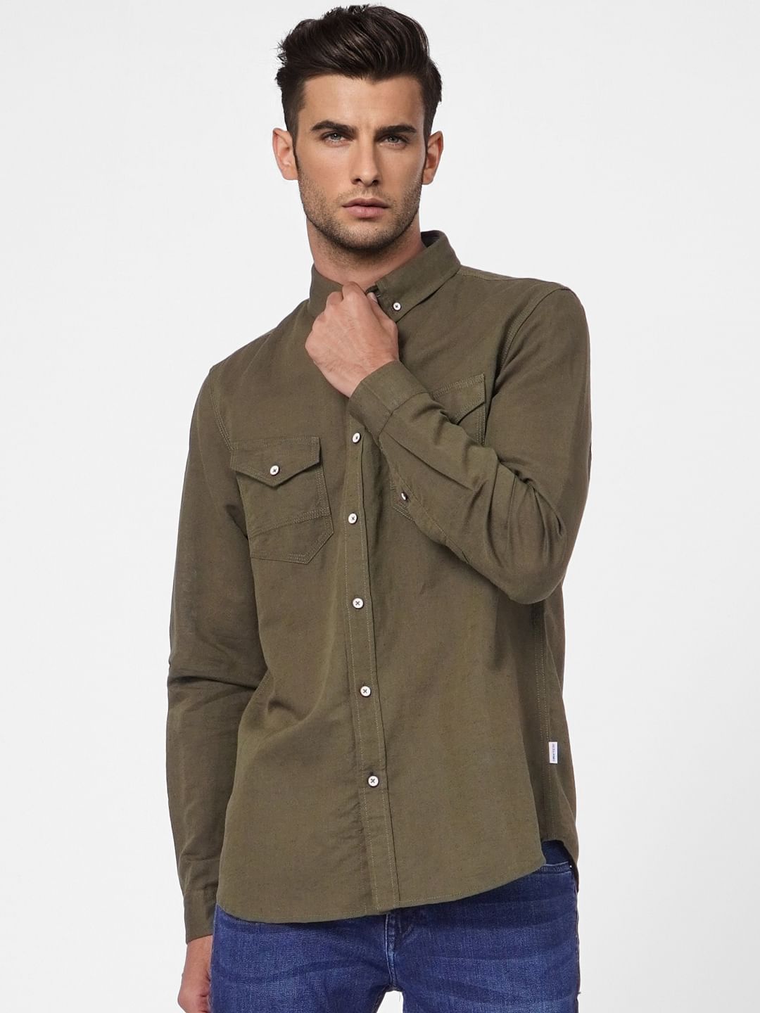 Green Linen Blend Full Sleeves Shirt