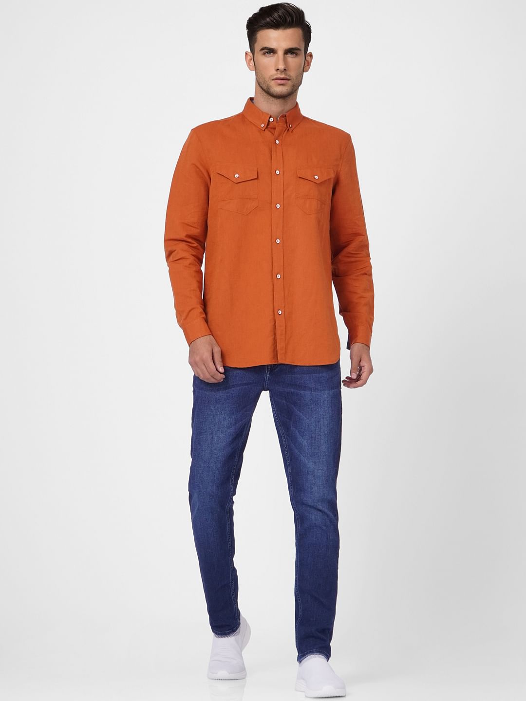 Orange Linen Blend Full Sleeves Shirt - S