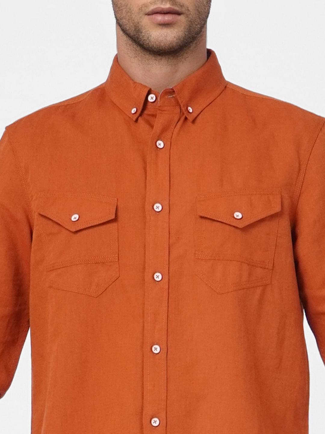 Orange Linen Blend Full Sleeves Shirt