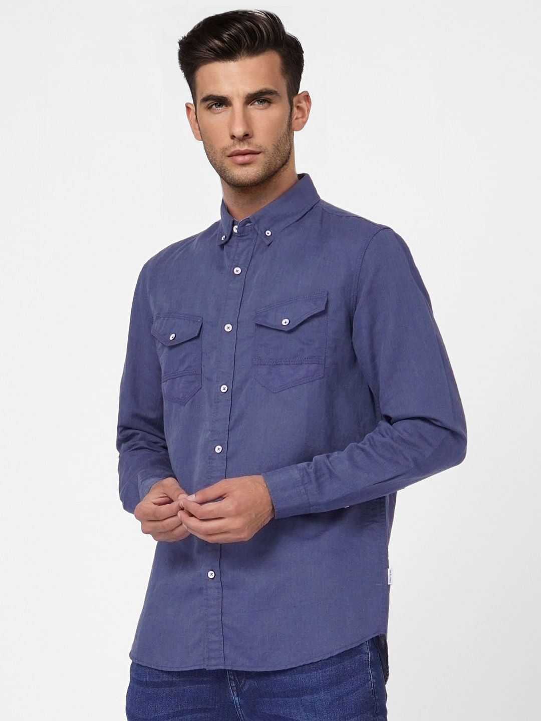 Blue Linen Blend Full Sleeves Shirt