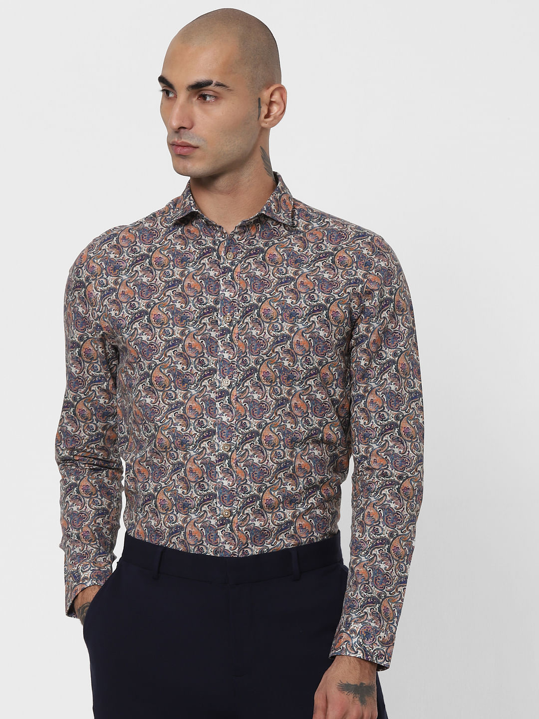 Blue Paisley Print Linen Blend Shirt