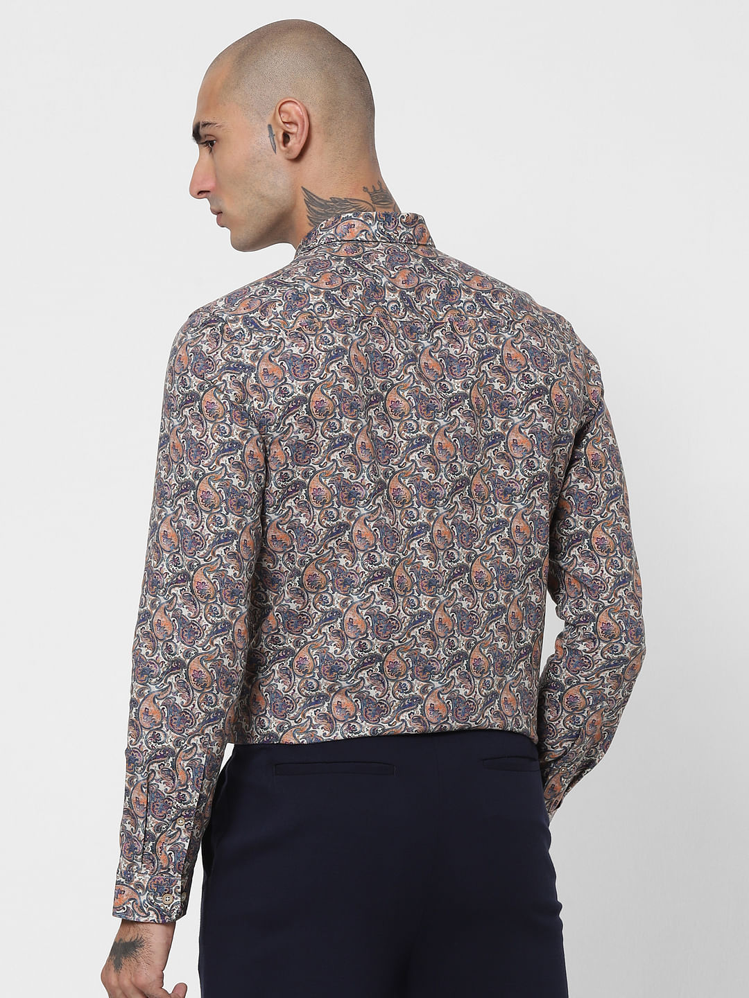 Blue Paisley Print Linen Blend Shirt