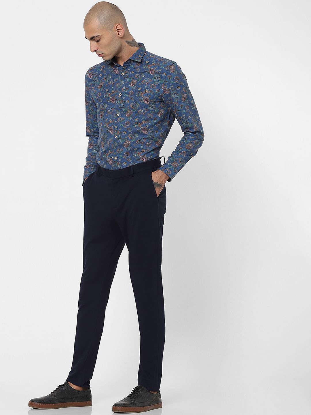 Blue Floral Linen Blend Shirt