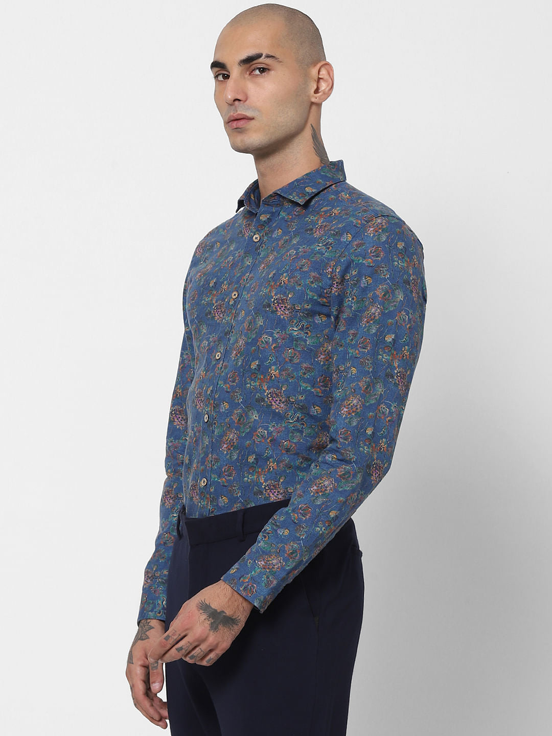 Blue Floral Linen Blend Shirt