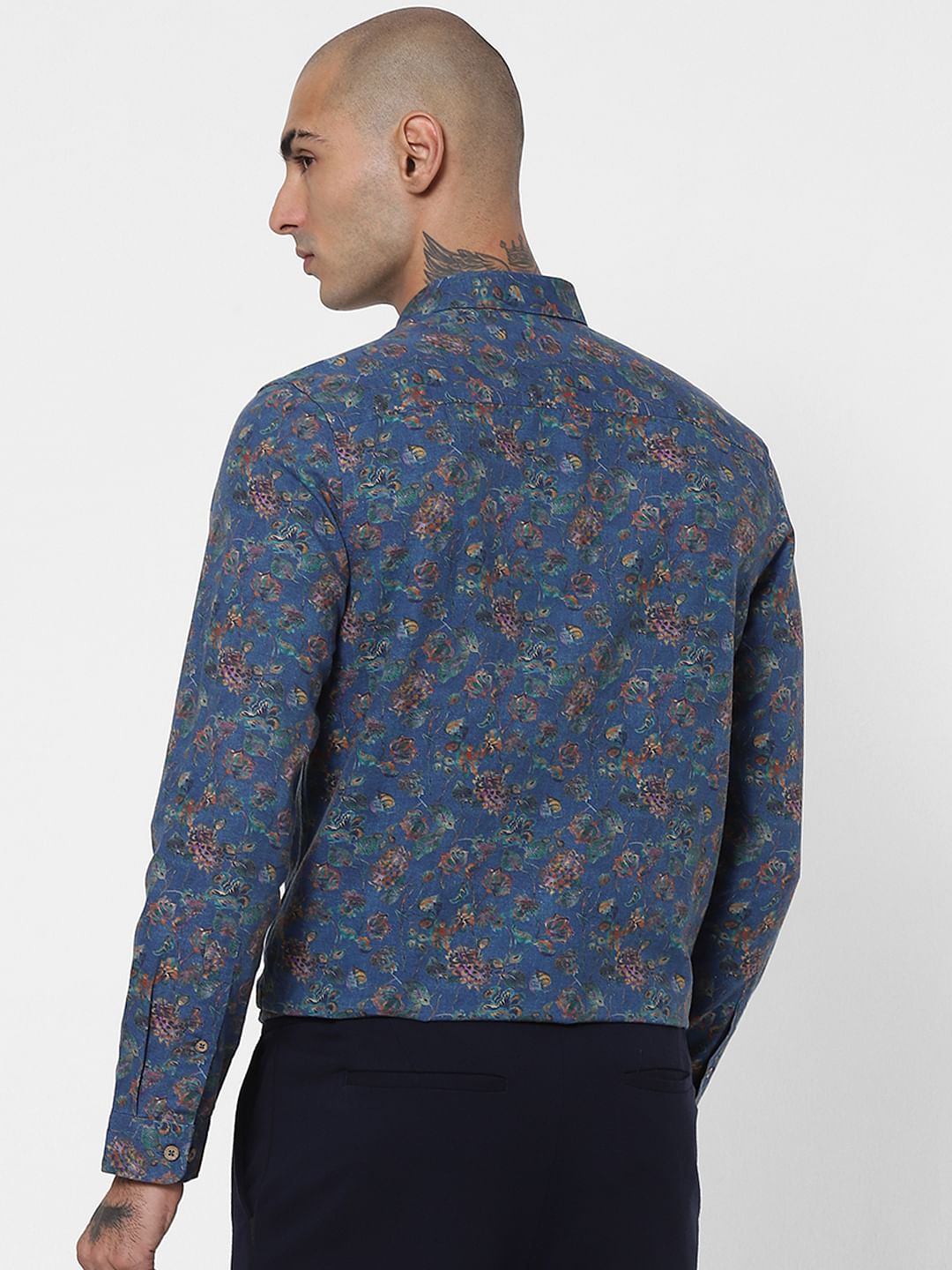 Blue Floral Linen Blend Shirt
