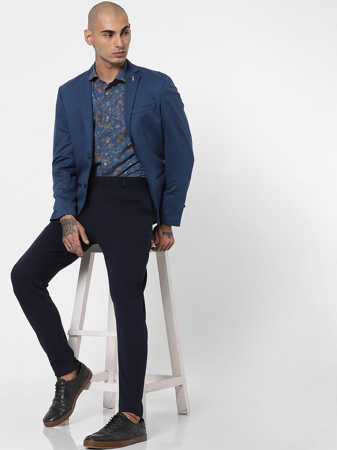 Blue Floral Linen Blend Shirt